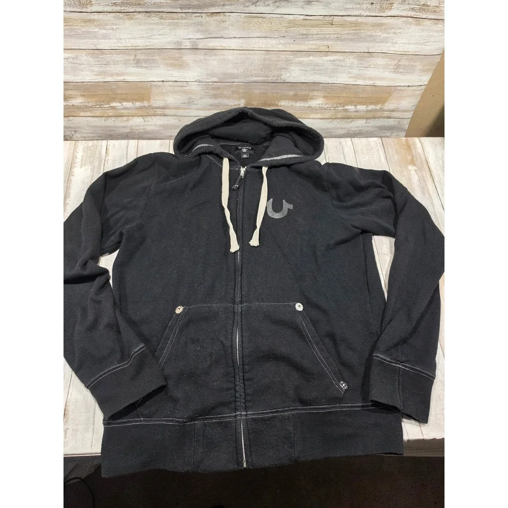 True Religion Mens Black World Tour Buddha Zip Up Hoodie Small Contrast Stitch S